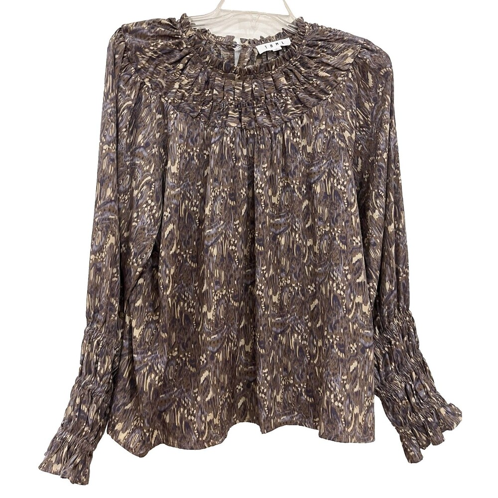 THML Smocked Ruffle Neck Long Sleeve Blouse Abstract Artsy Print Sz Large Flowy